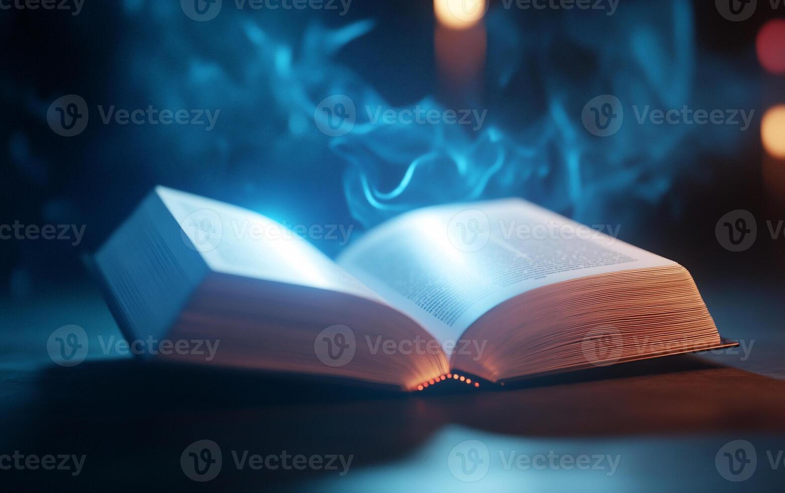 An open book emits a mystical glow with ethereal smoke around it. photo