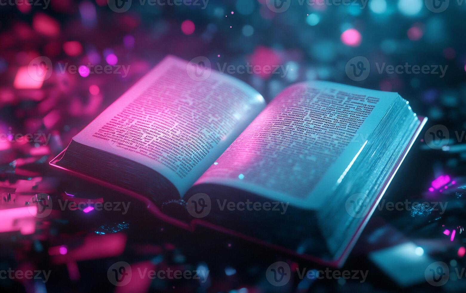 An open book surrounded by colorful particles in a mystical setting. photo