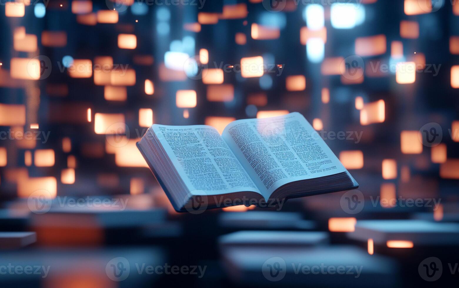 An open book floats amidst glowing, abstract light squares. photo