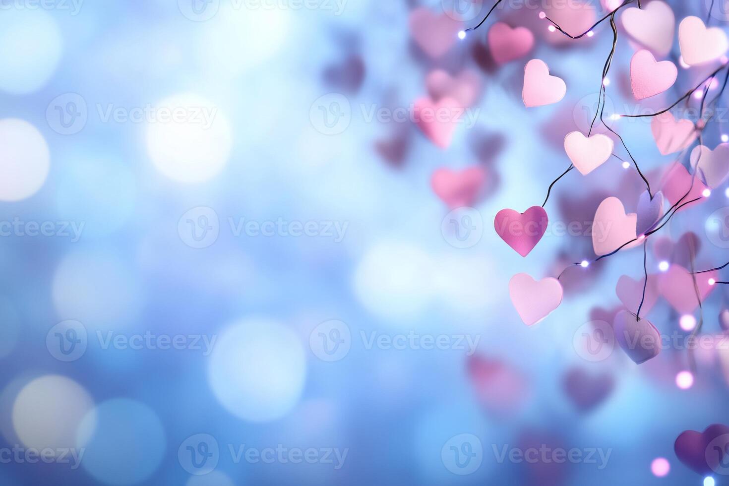 A dreamy background featuring pink hearts and soft bokeh lights. photo