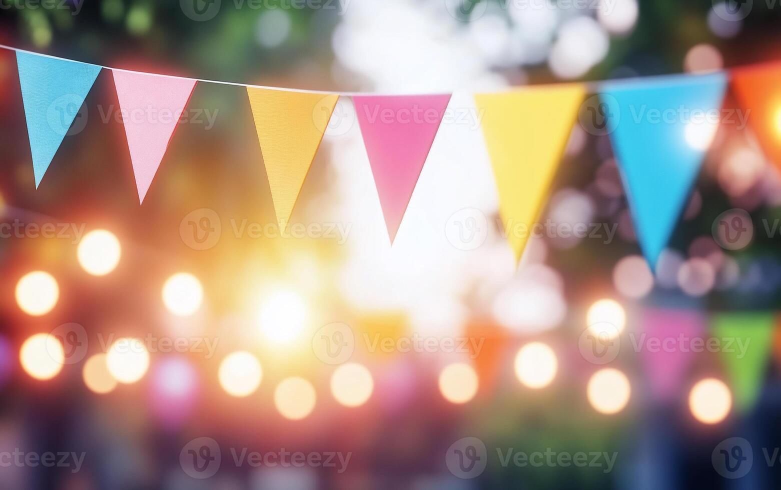 Colorful bunting flags and soft lights create a festive atmosphere. photo