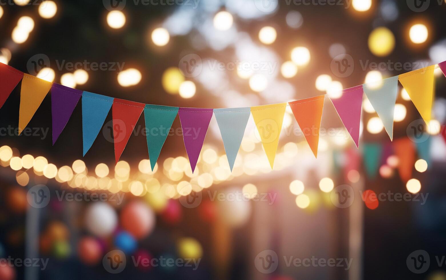 Colorful bunting and glowing lights create a festive atmosphere. photo