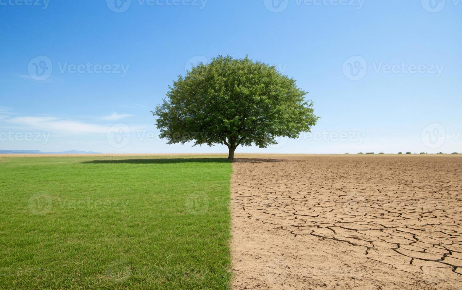 A tree divides a lush green area from a dry, cracked landscape. photo
