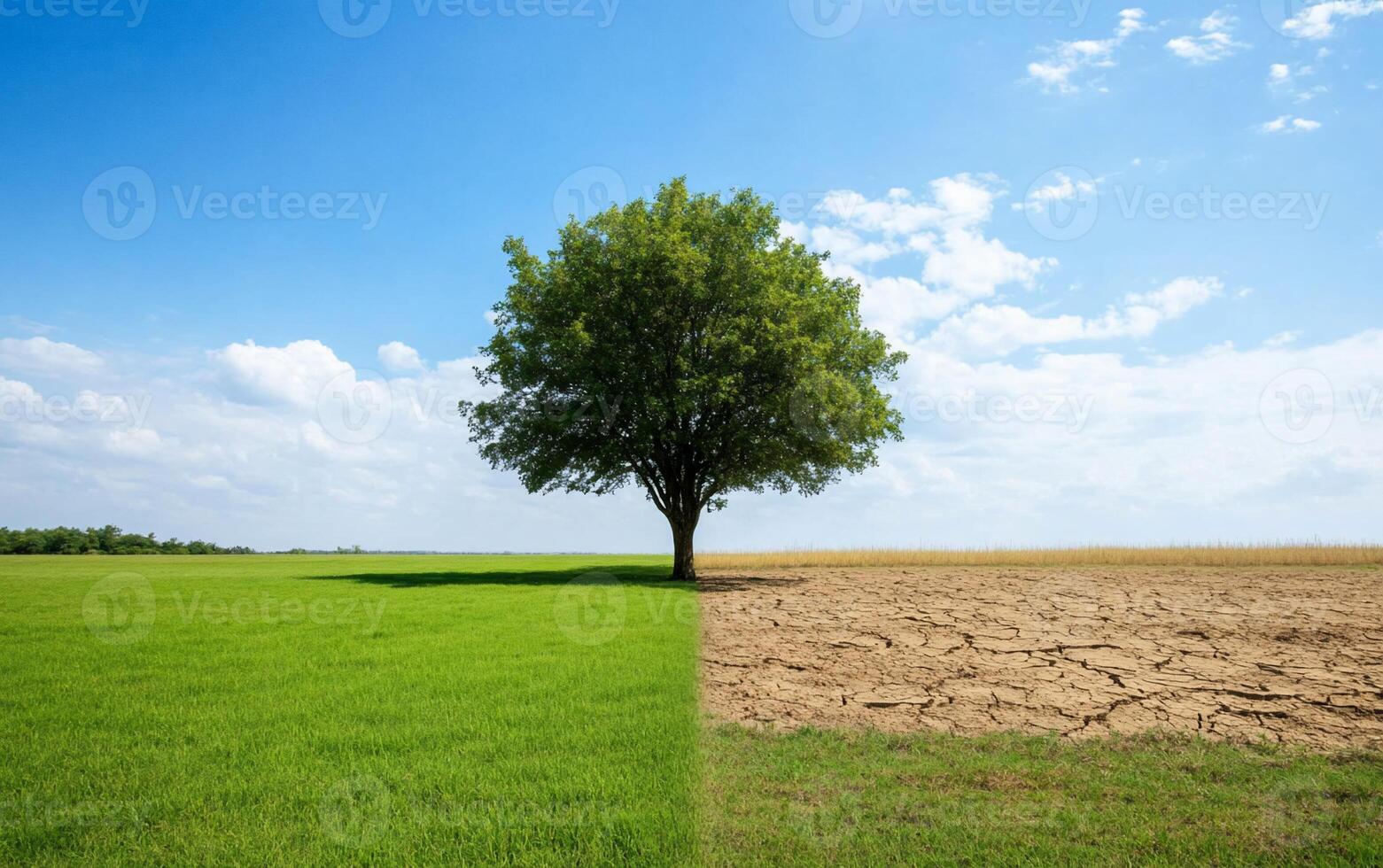 A stark contrast between lush greenery and dry, cracked earth. photo