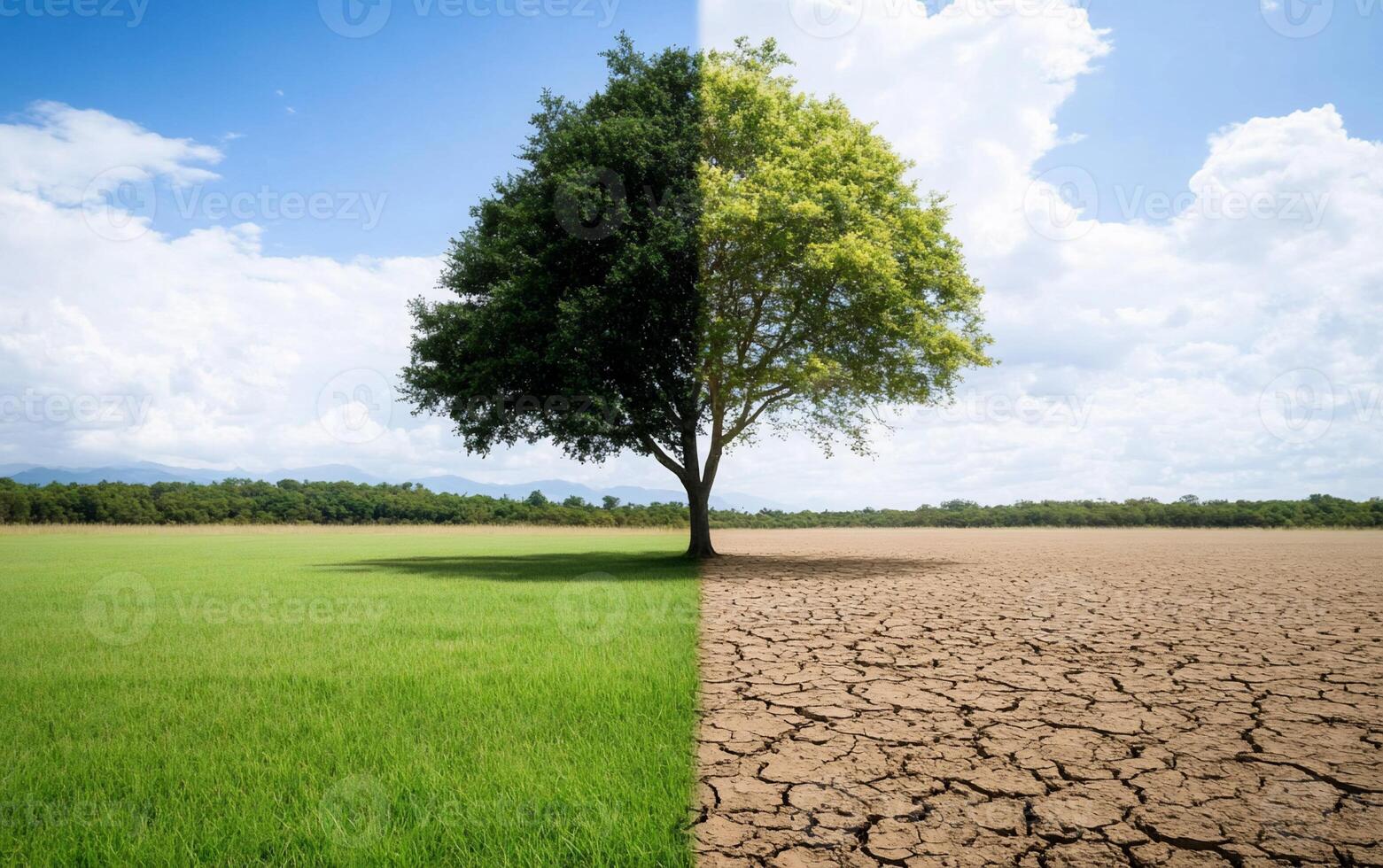 A split image of a tree representing contrasting environments lush vs. dry. photo