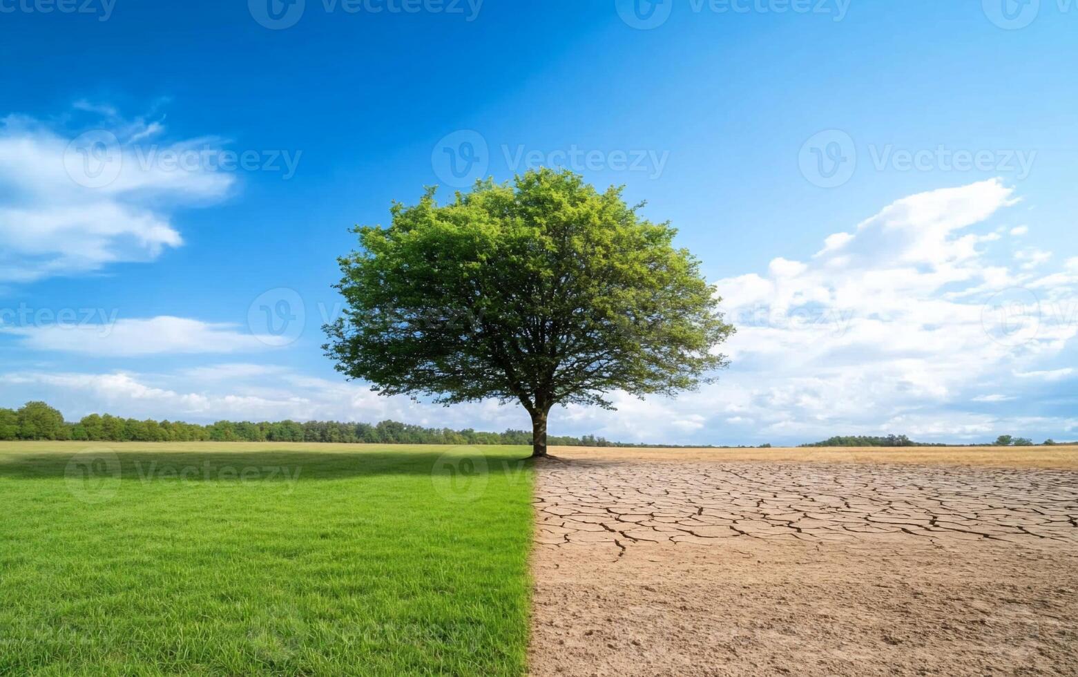 A tree divides a lush green field from a dry, cracked landscape. photo