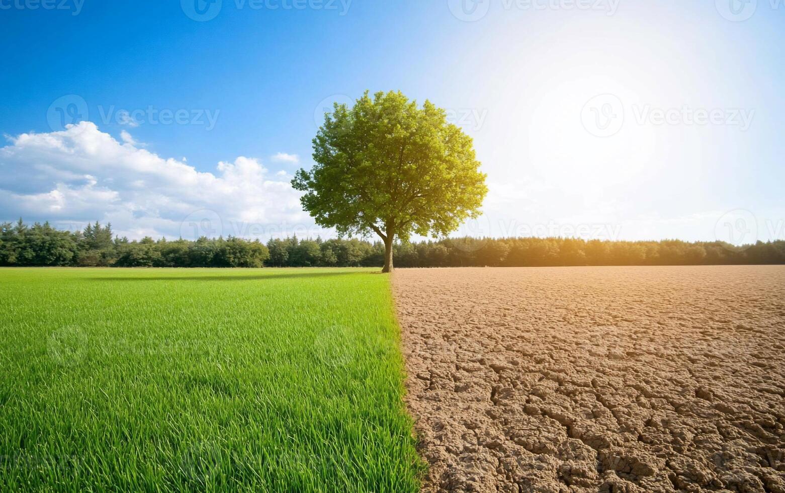 A split landscape showing vibrant grass and dry, cracked earth. photo