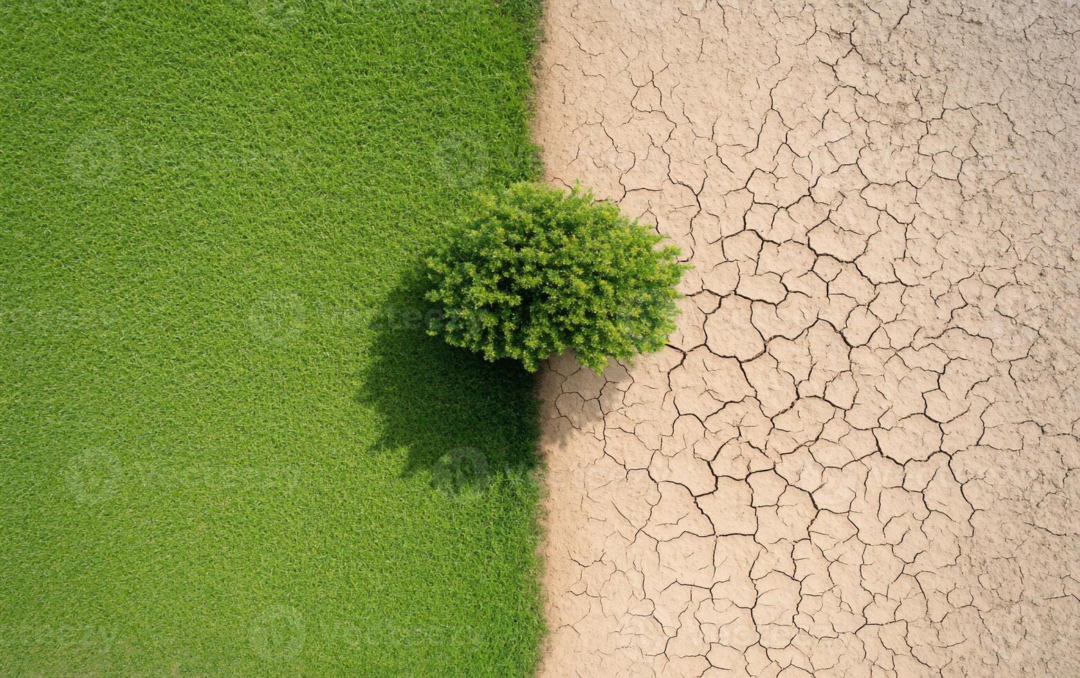 A stark contrast between lush greenery and cracked, dry earth. photo