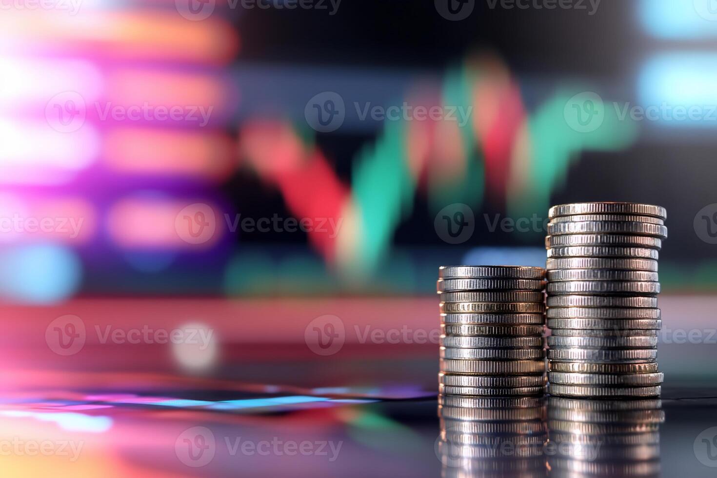 Stack of coins on a table with a stock market graph photo