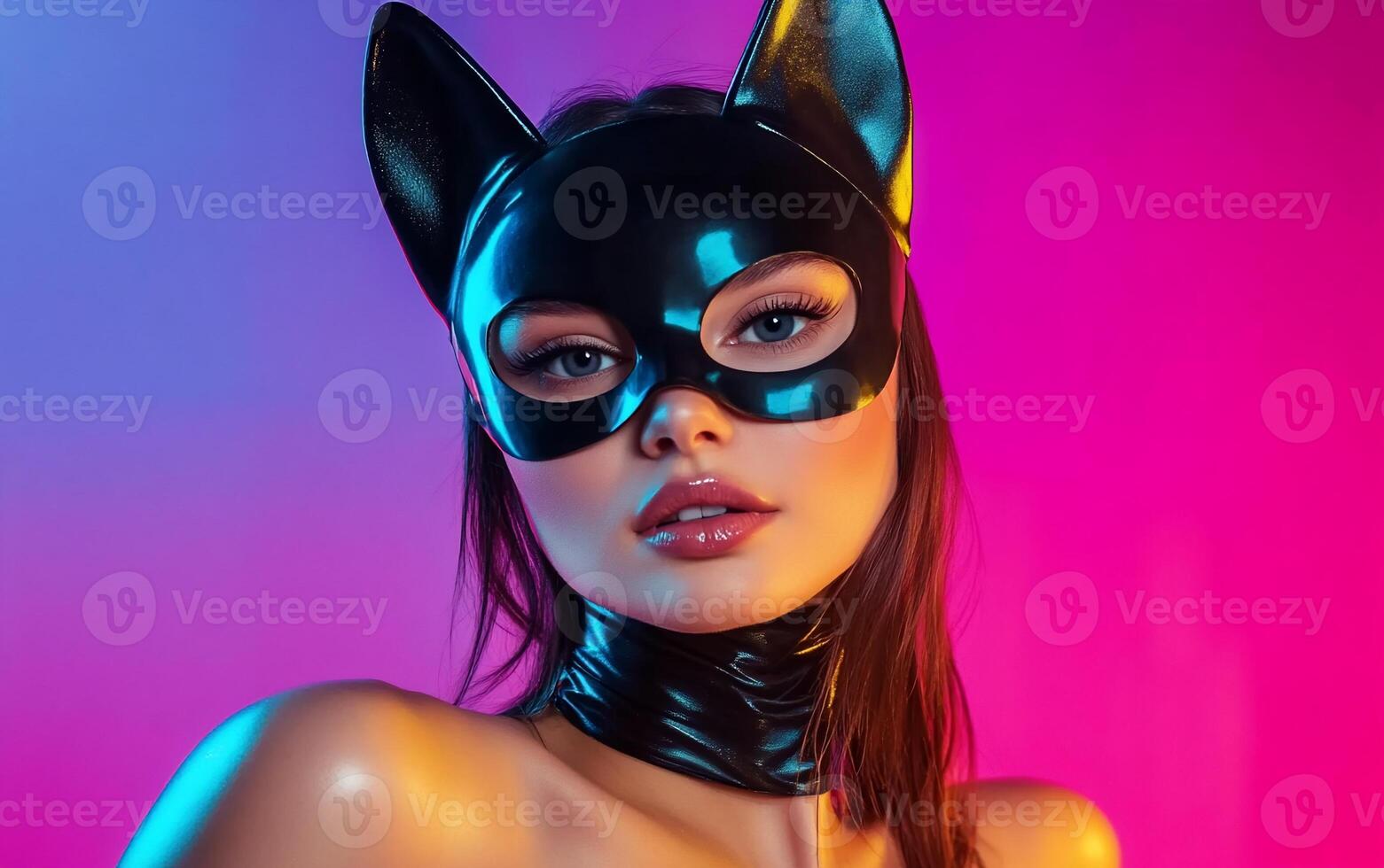 A woman in a cat mask with a blue background photo