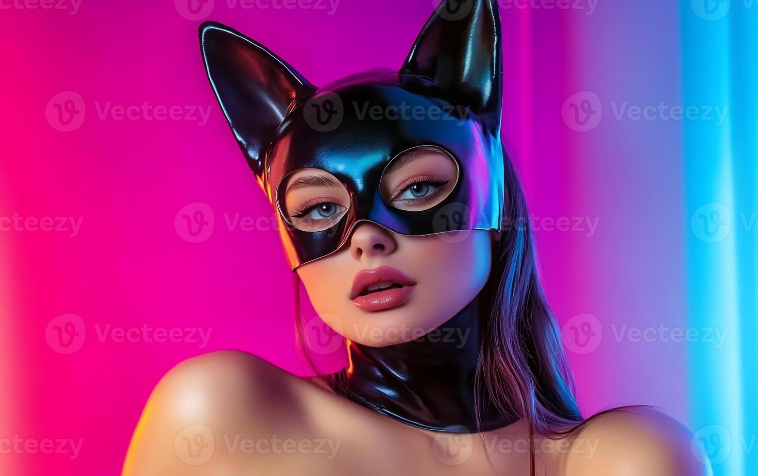 A woman in a cat mask with a blue background photo