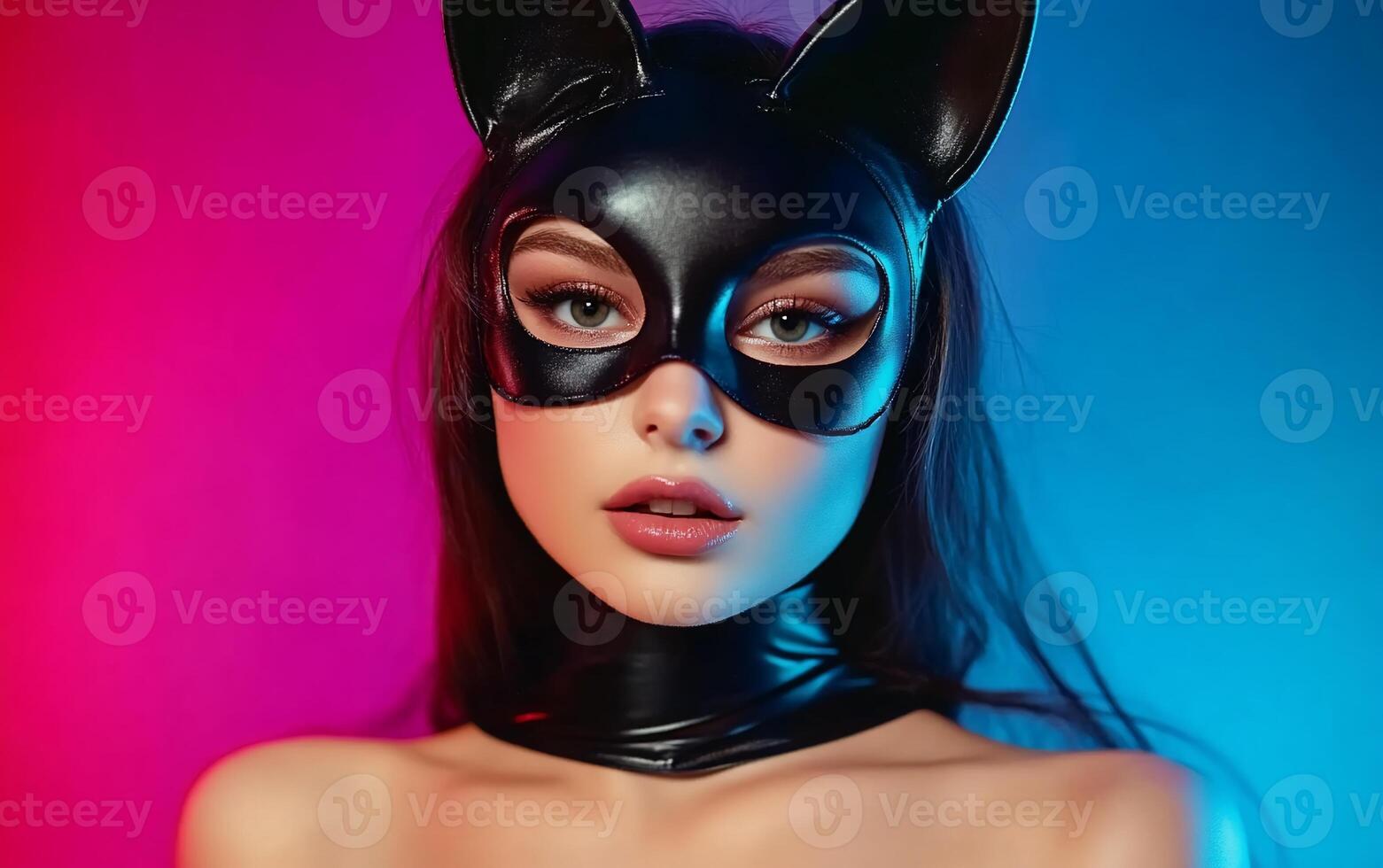 A woman in a cat mask with a blue background photo