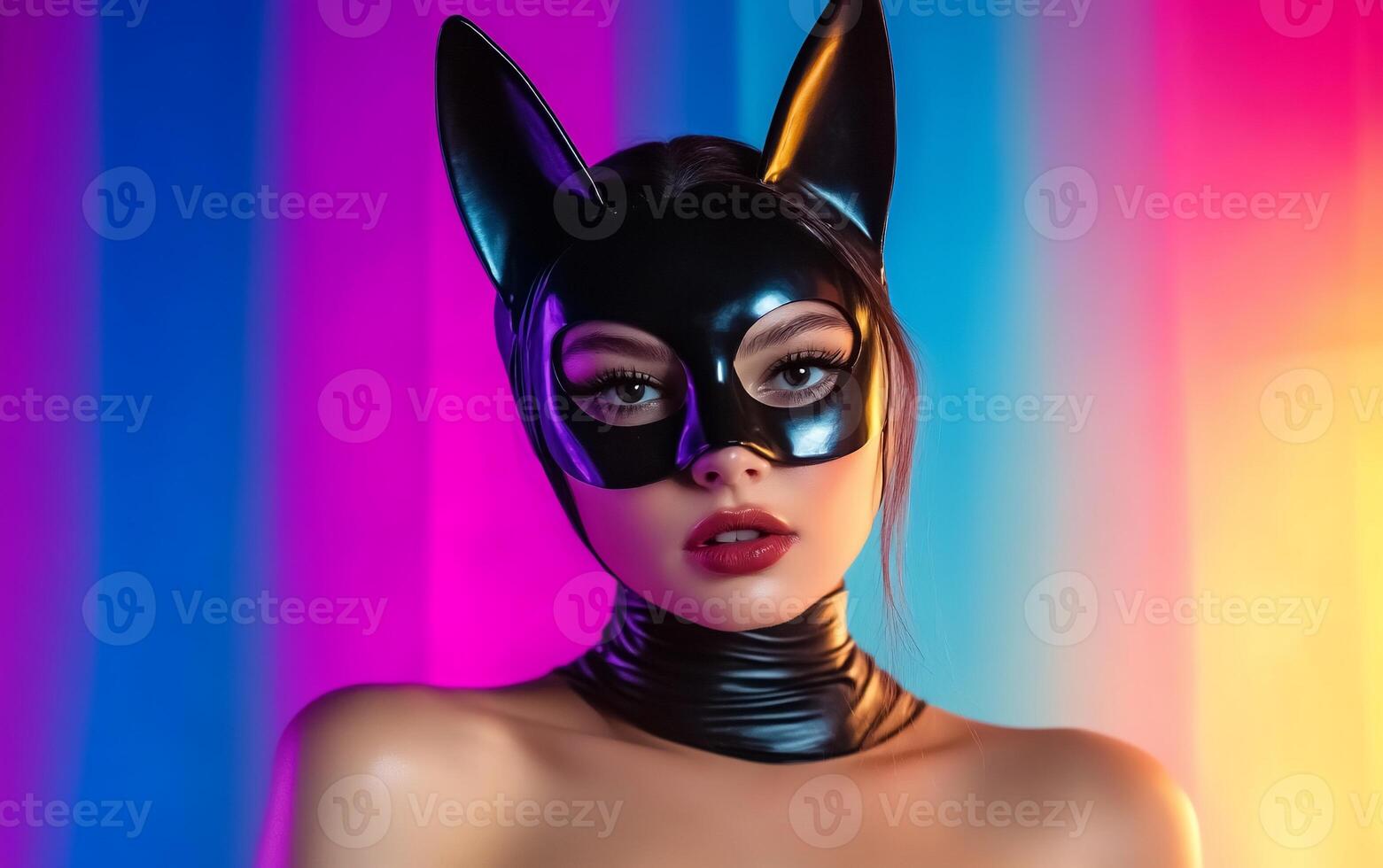 A woman in a cat mask with a rainbow background photo
