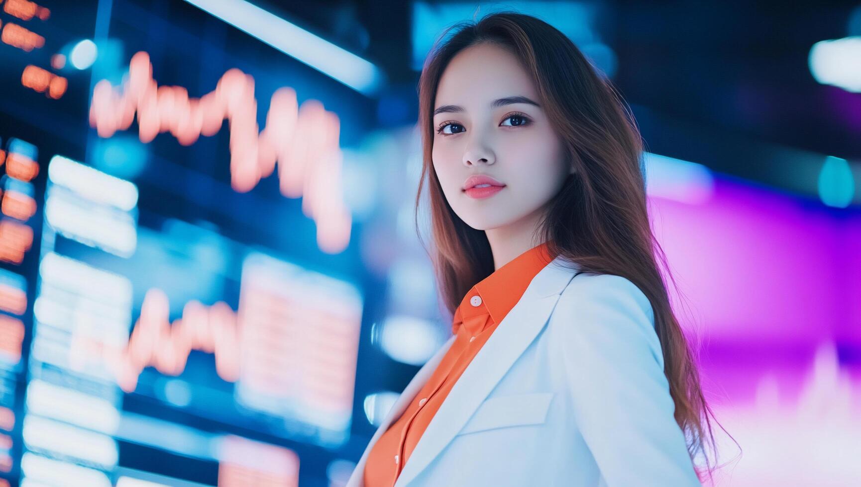 A confident woman in a business setting with digital data visuals. photo