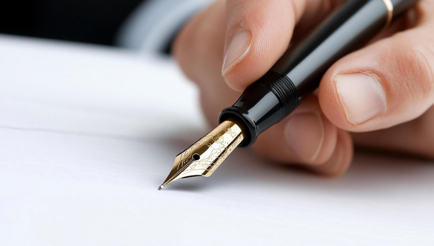 A close-up of a hand holding a fountain pen poised to write. photo