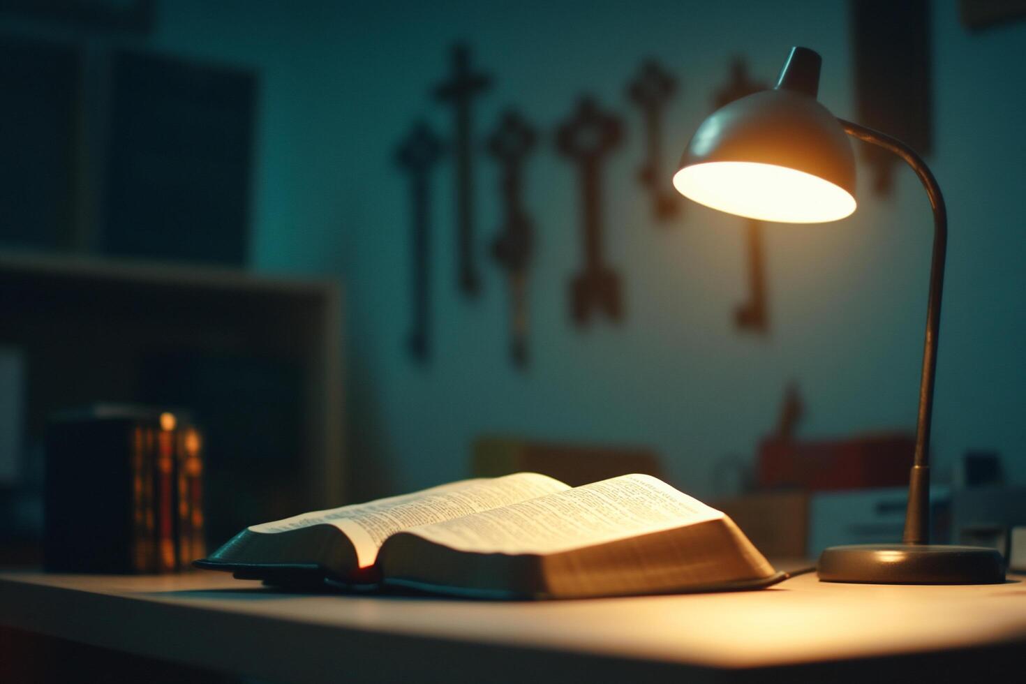 A serene study scene with an open book and warm lamp light. photo