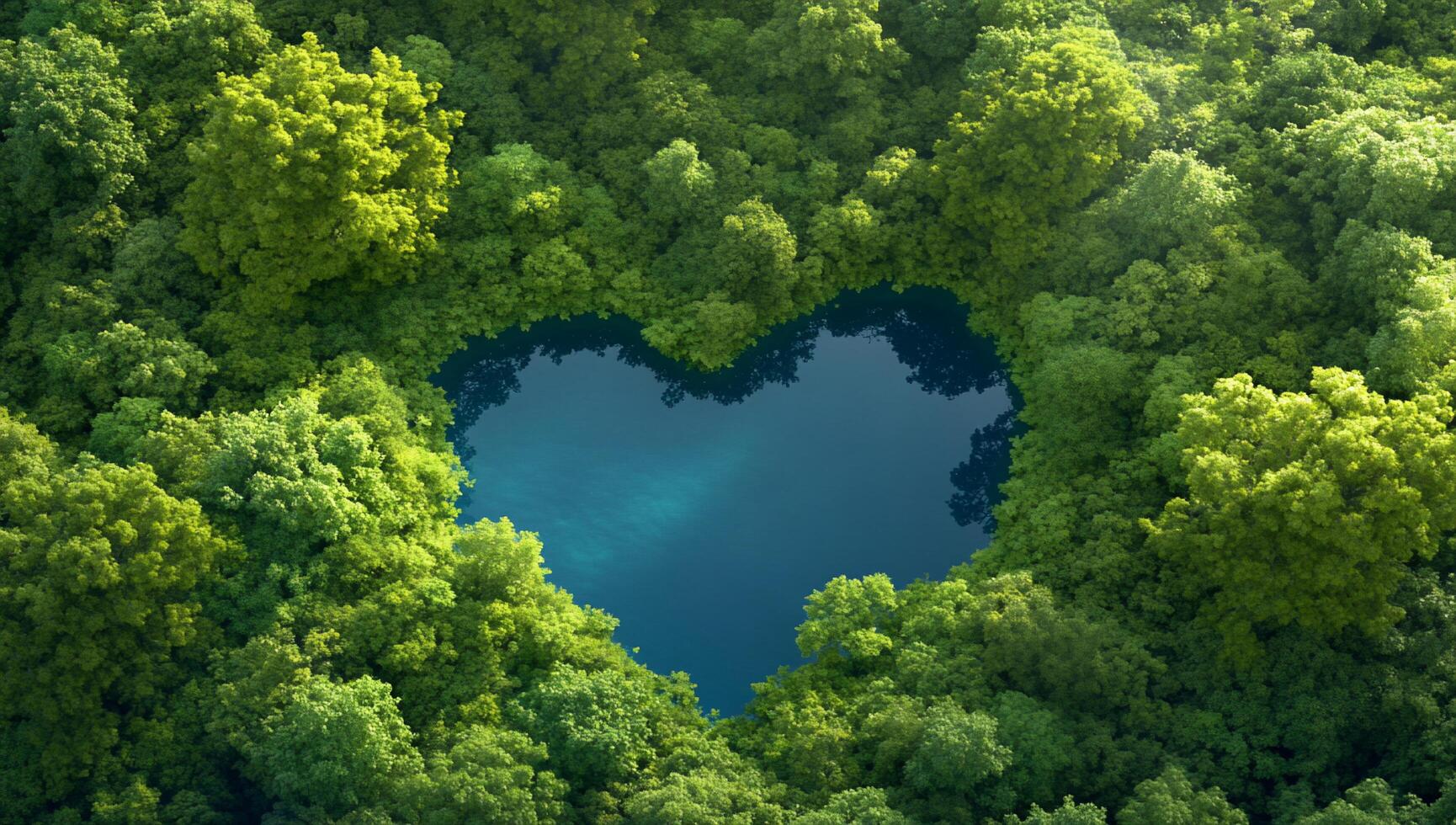 A heart-shaped pond surrounded by lush greenery. photo