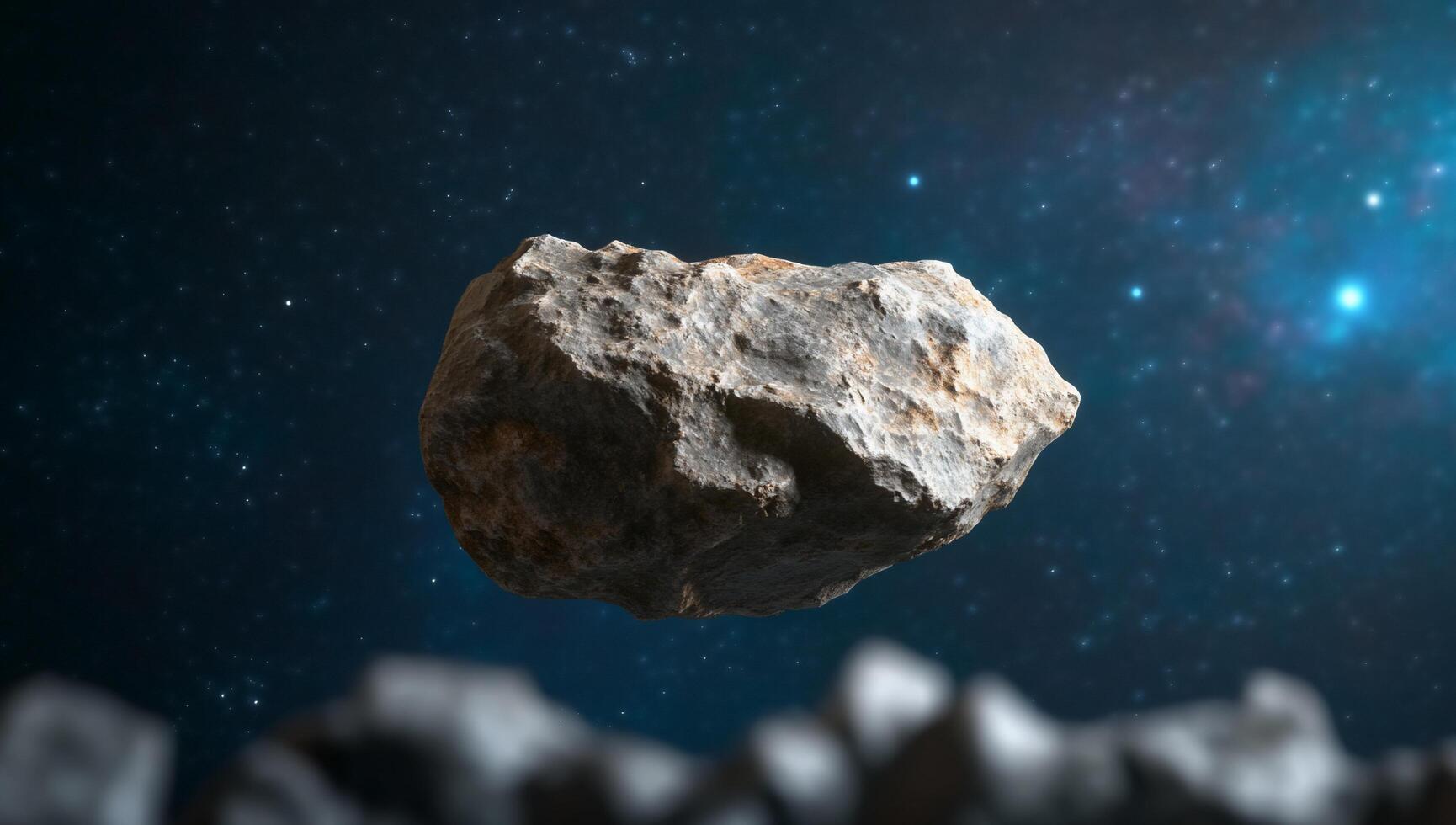 A floating rock in a cosmic background, illustrating space exploration. photo