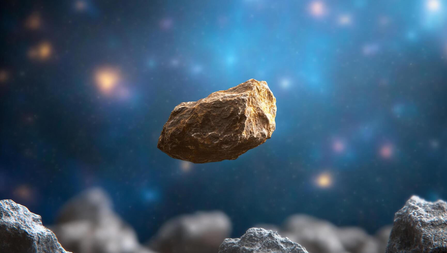 A floating rock in a cosmic space scene surrounded by asteroids. photo