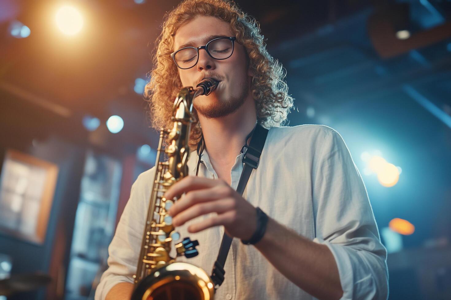 Musician playing saxophone in a vibrant, lively setting. photo