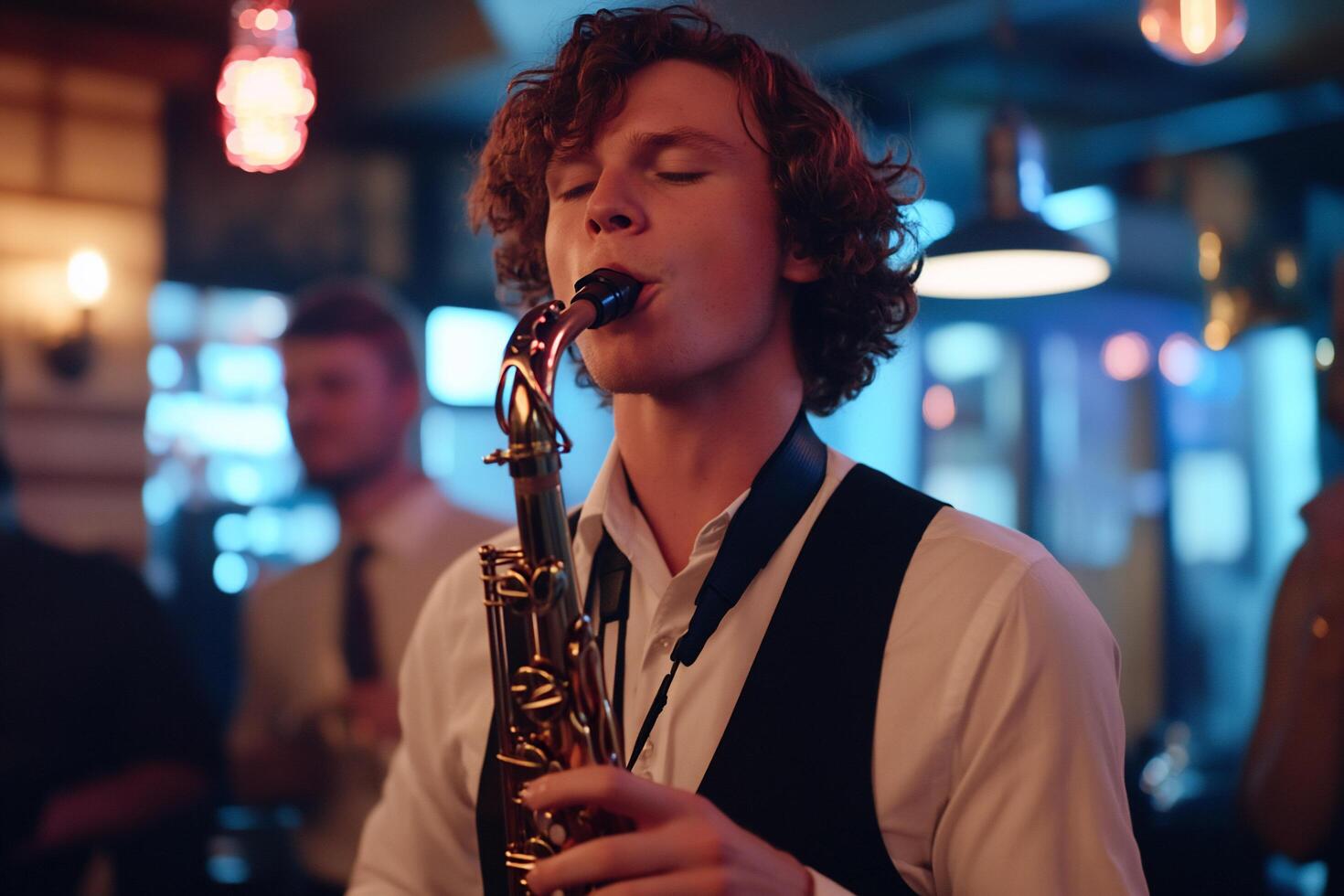 A young man passionately plays the saxophone in a lively bar setting. photo