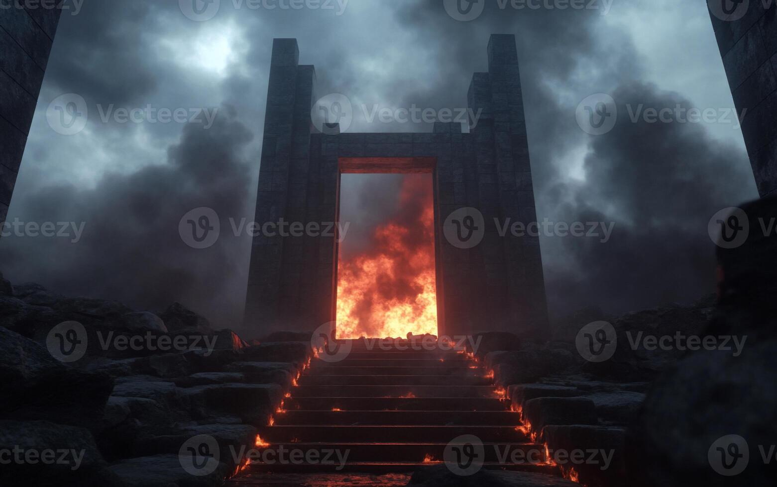 A dramatic entrance to a fiery realm with stone structures and smoke. photo