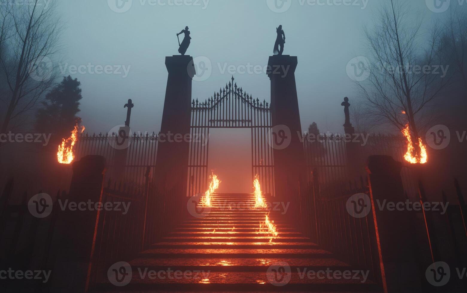 A gate with flames and statues in the fog photo