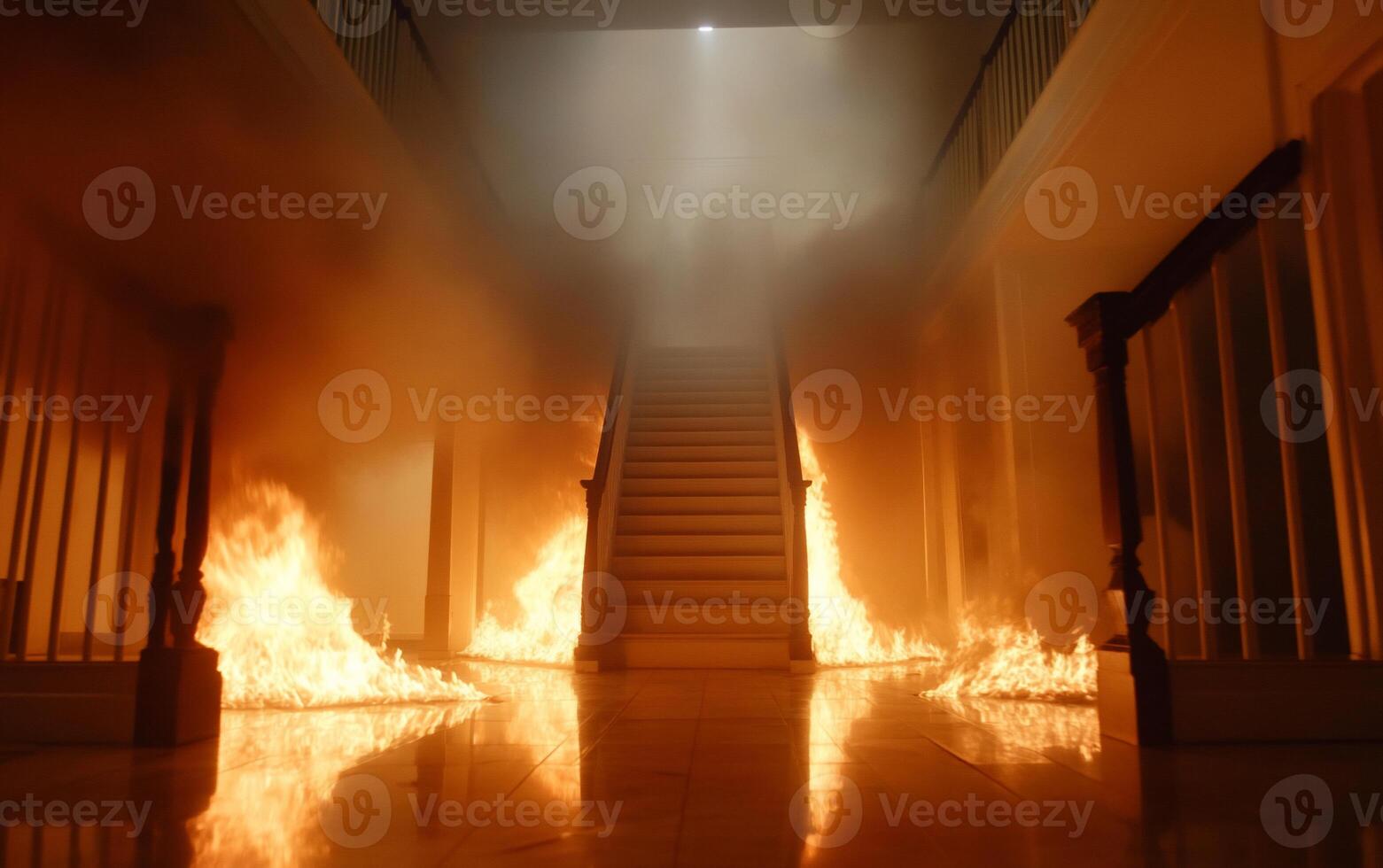 A staircase engulfed in flames, creating a dramatic and eerie atmosphere. photo