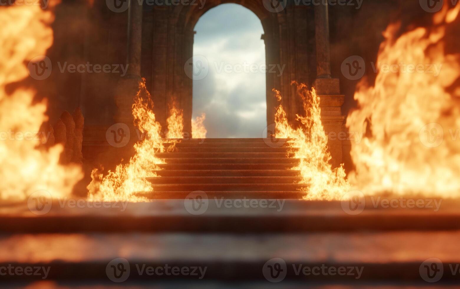 A fiery entrance with flames lining stone steps leading to an archway. photo