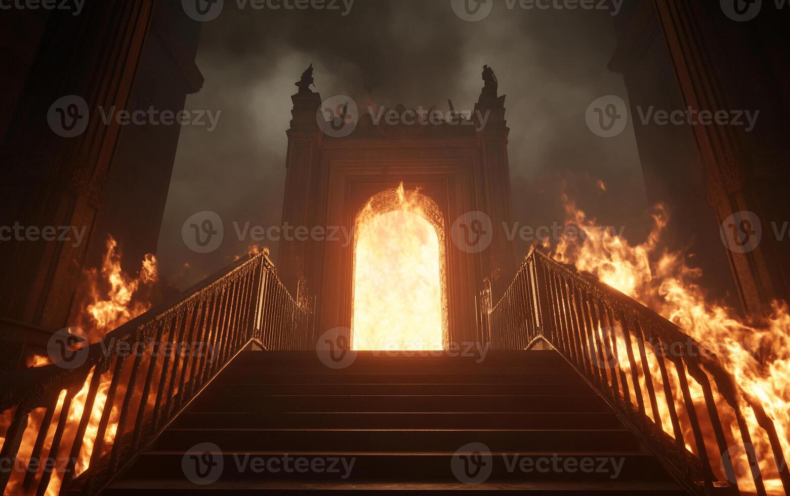 A grand staircase leading to a fiery doorway, evoking a dramatic scene. photo