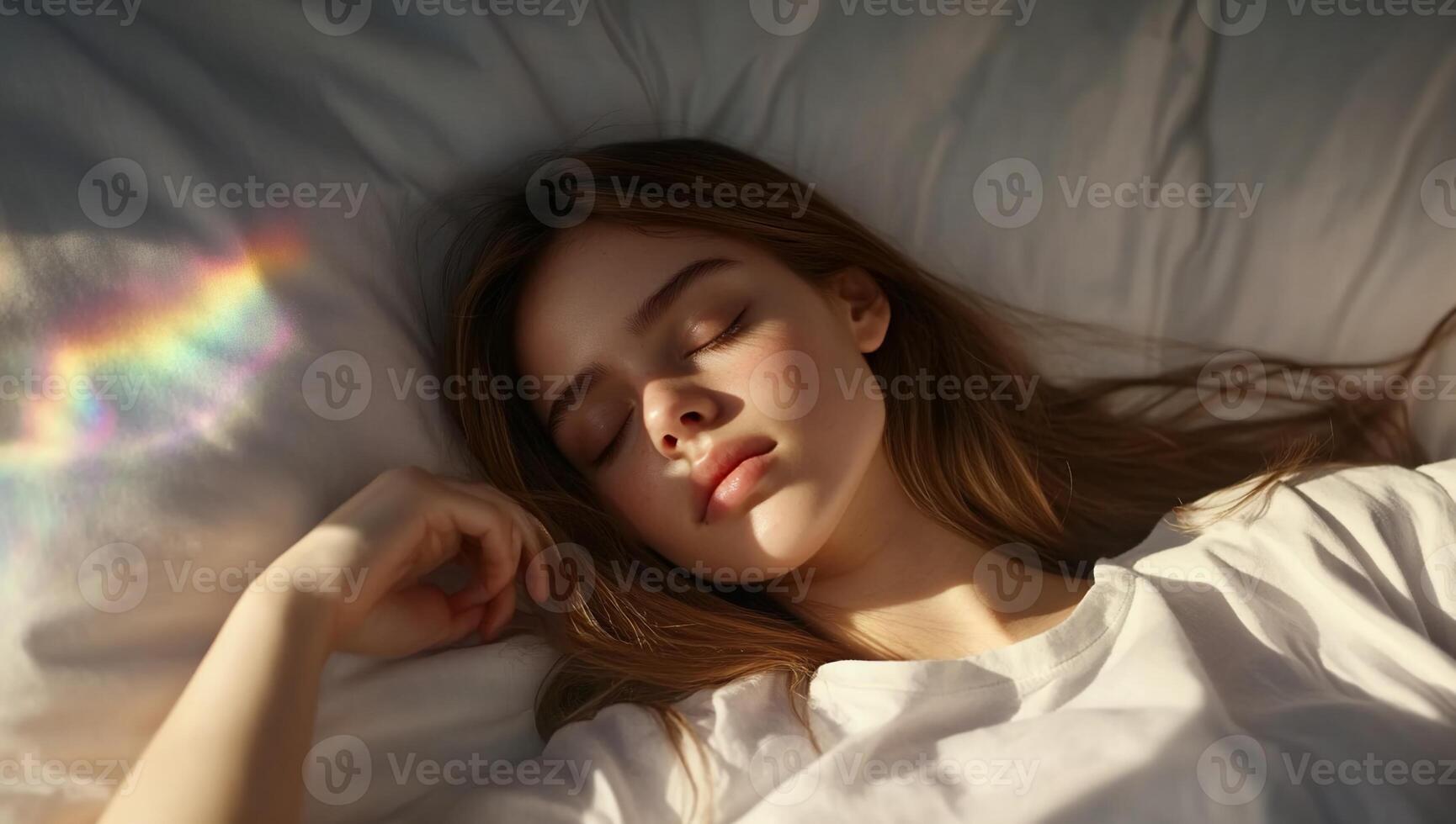 A serene young woman sleeping peacefully in soft, natural light. photo