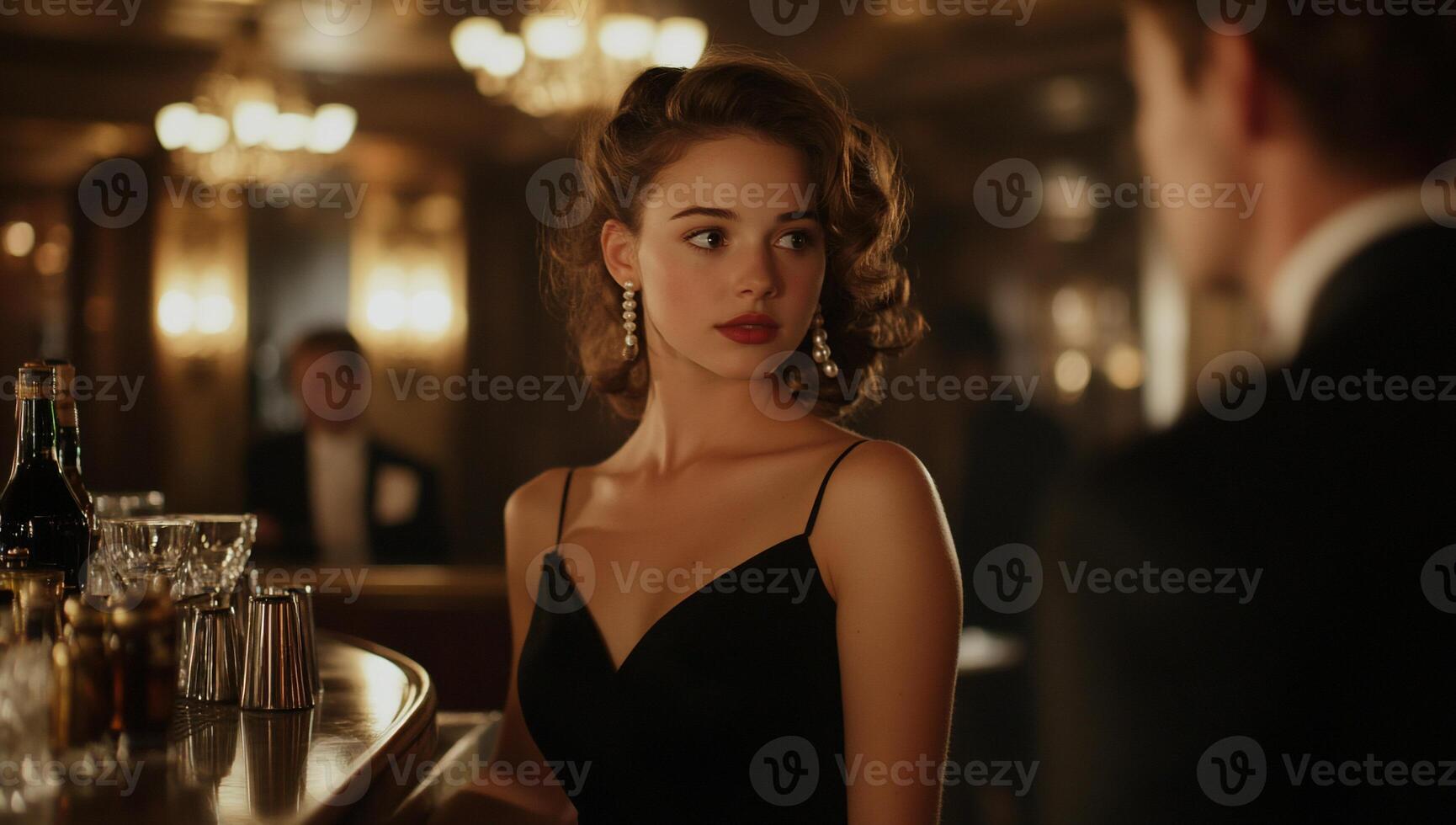 A stylish woman at a bar, engaging in conversation with a man. photo