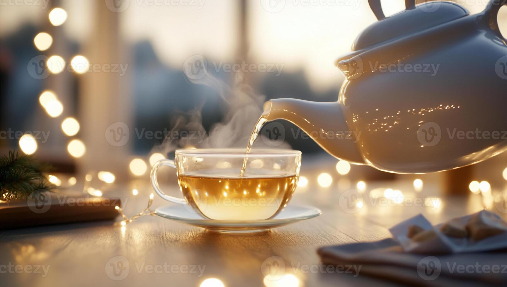 A steaming cup of tea being poured from a teapot, surrounded by soft lights. photo