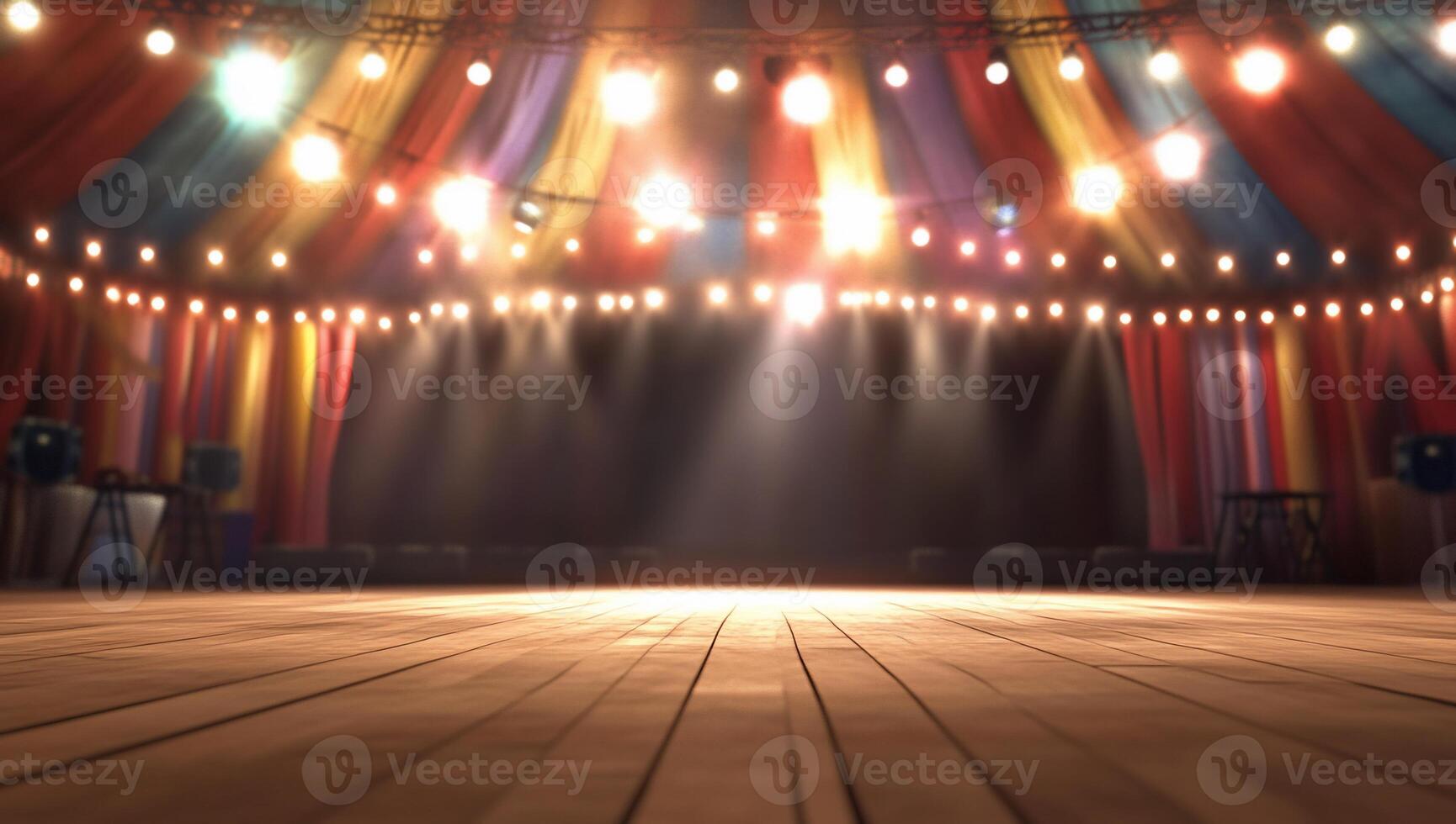 A vibrant circus stage with colorful drapes and bright lights. photo