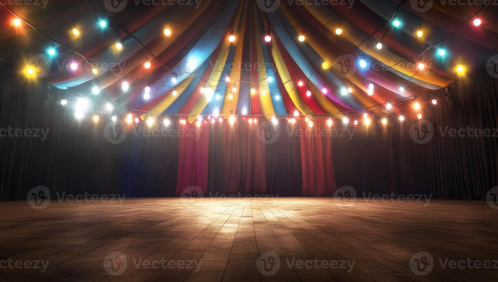 A vibrant circus stage illuminated with colorful lights and draped fabric. photo