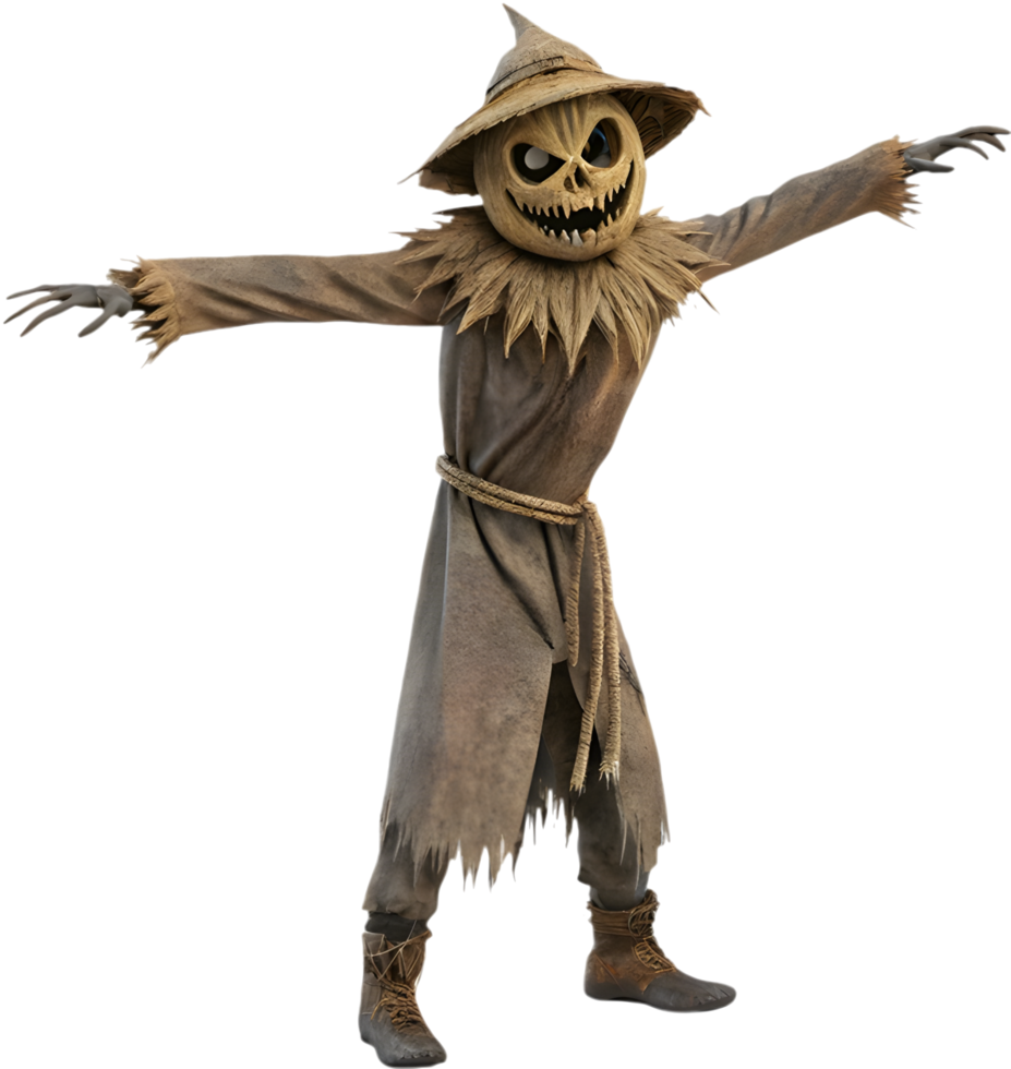 Eerie Scarecrow with a Rotten Face and Hollow Stare. . png