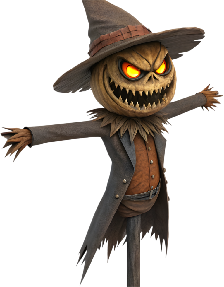 Grotesque Scarecrow with Hollow Eyes and Evil Grin. . png