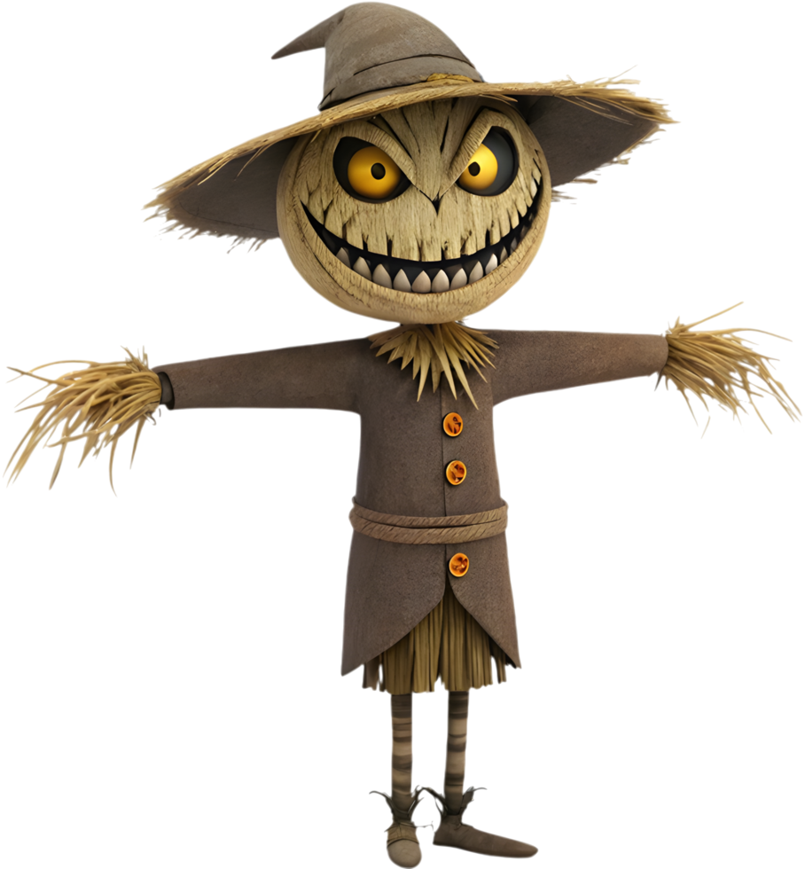 Spooky Scarecrow with Torn Clothes in the Wind. . png