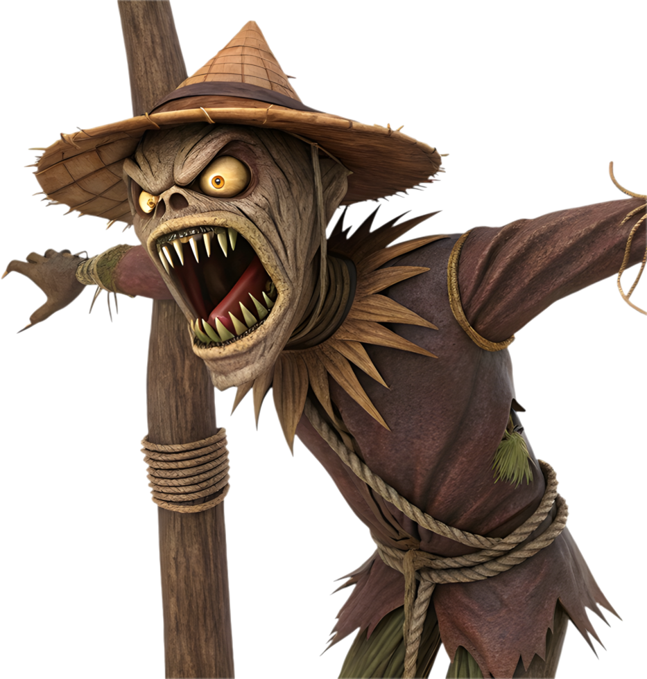 Haunted Scarecrow with Creepy Smile in the Moonlight. . png