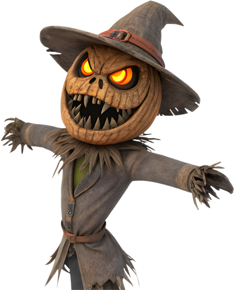 Scary Scarecrow Standing Alone in the Dark Field. . png
