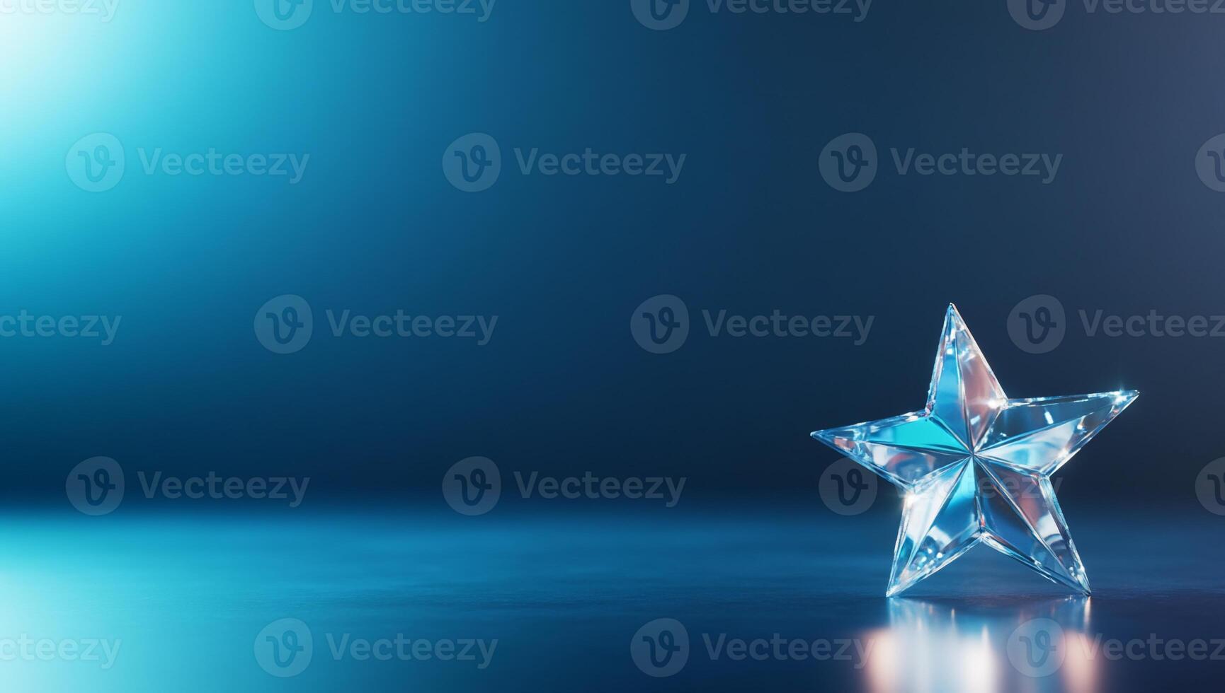 A crystal star on a reflective surface with a blue gradient background. photo
