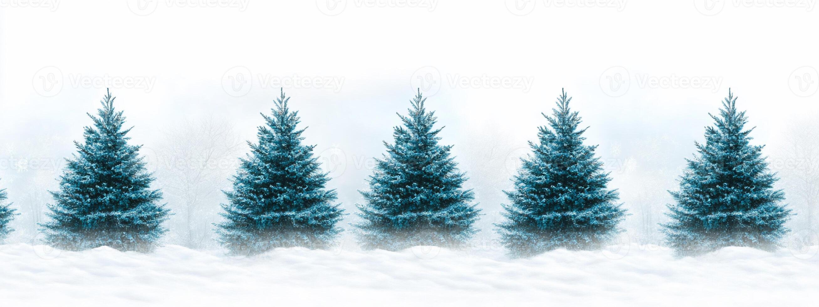 A serene winter scene featuring snow-covered evergreen trees. photo