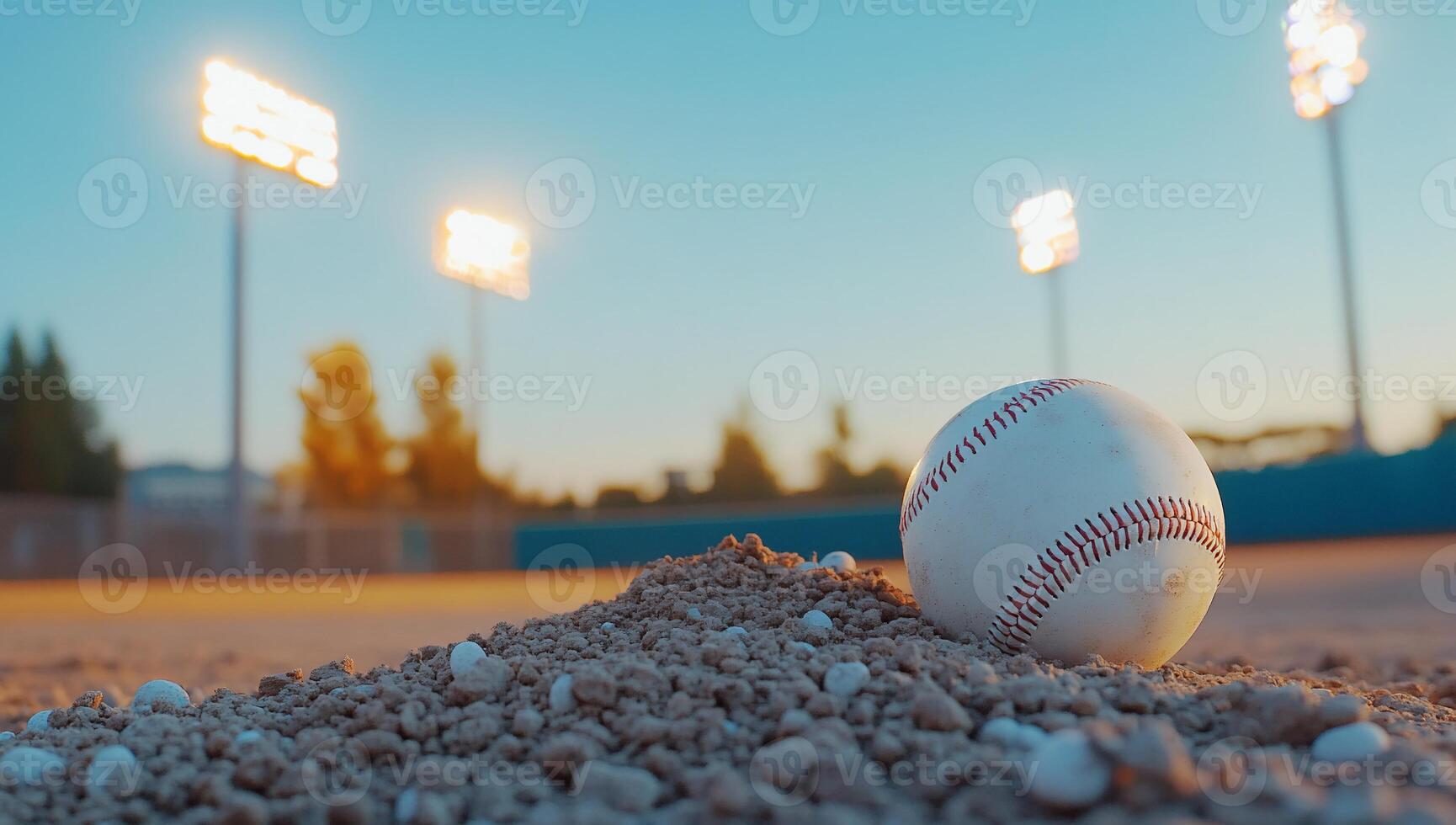 A baseball rests on a mound of dirt at a well-lit field during dusk. photo