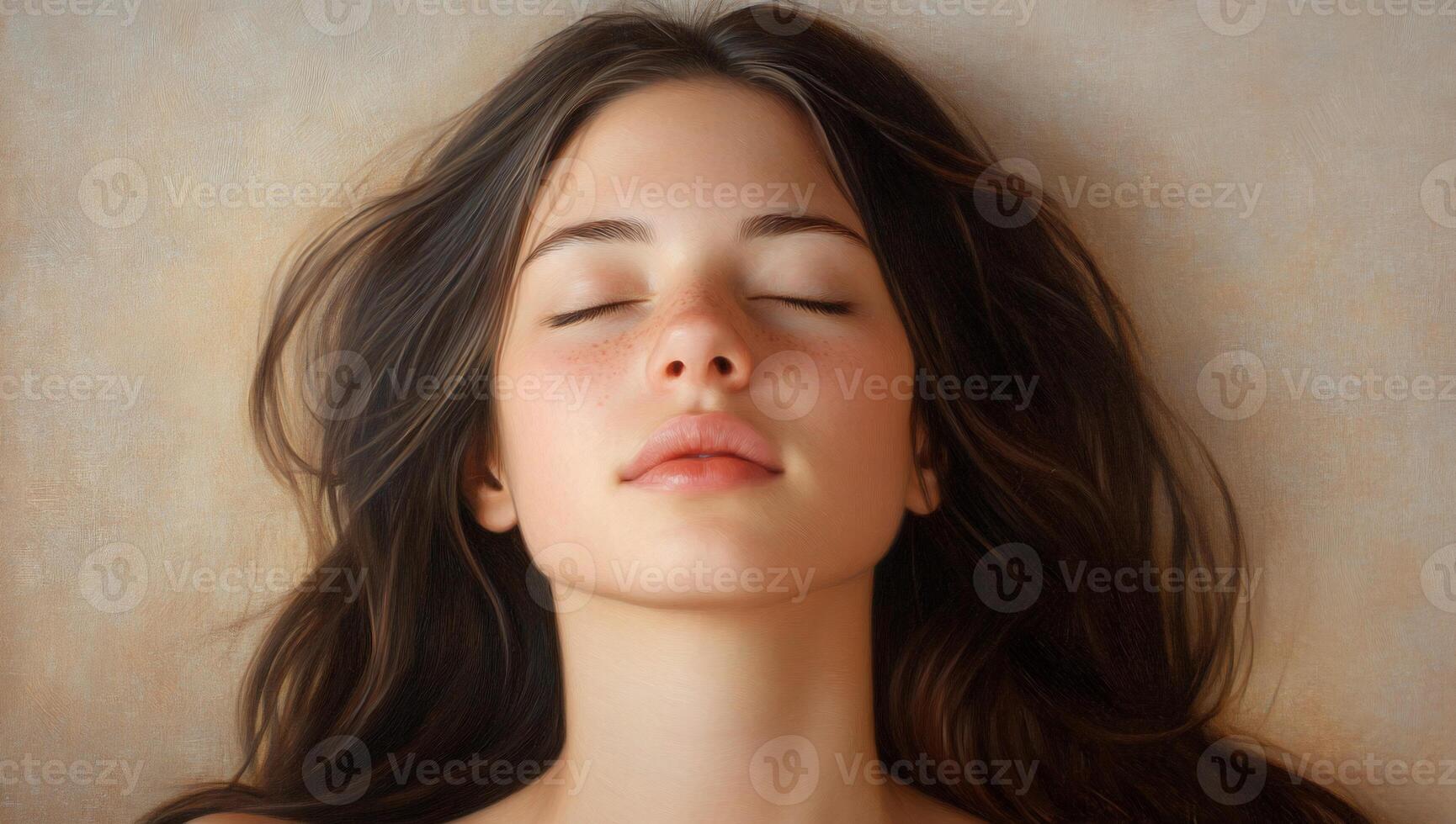 A woman with her eyes closed and her head resting on a pillow photo