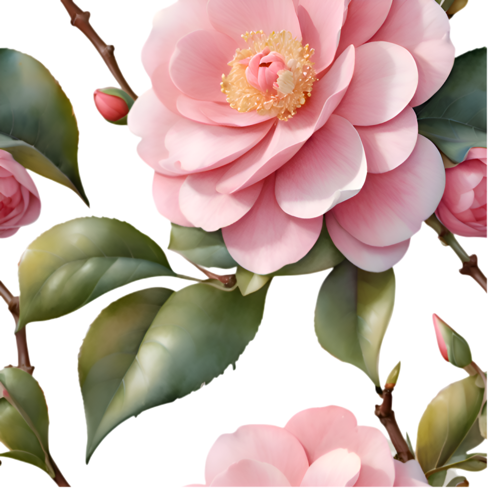 Elegant Camellia Bloom Aesthetic Seamless Decorative Print. . png