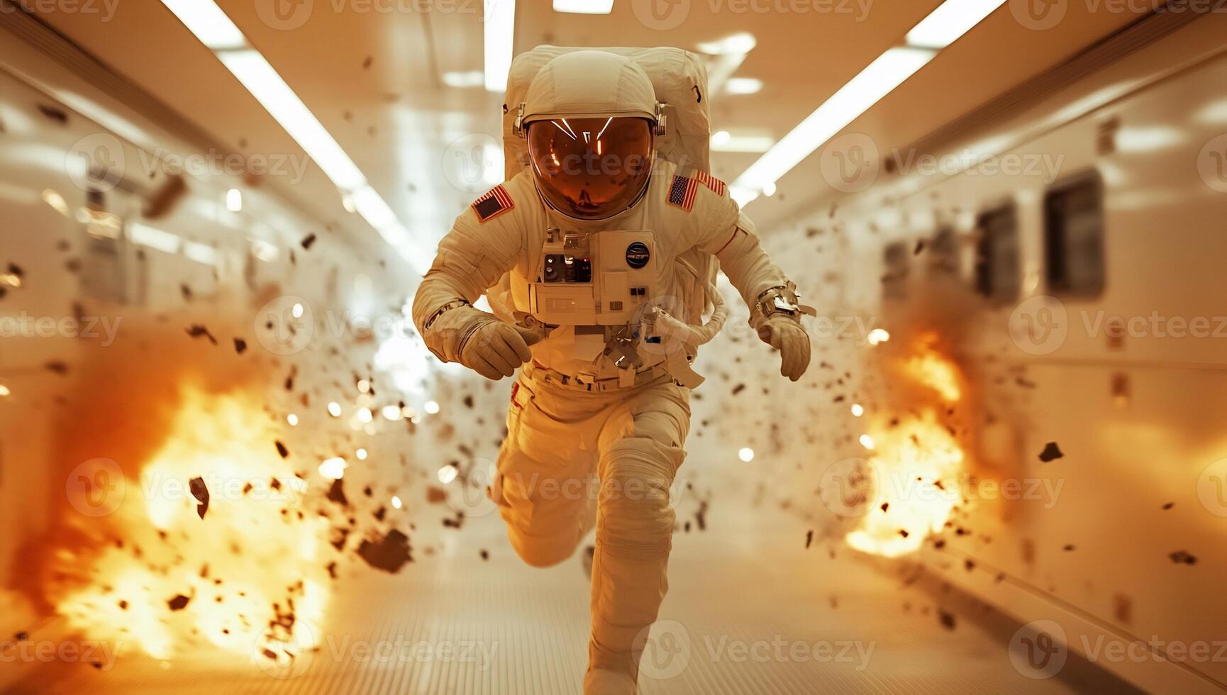 An astronaut running through a tunnel with fire coming out of the wall photo
