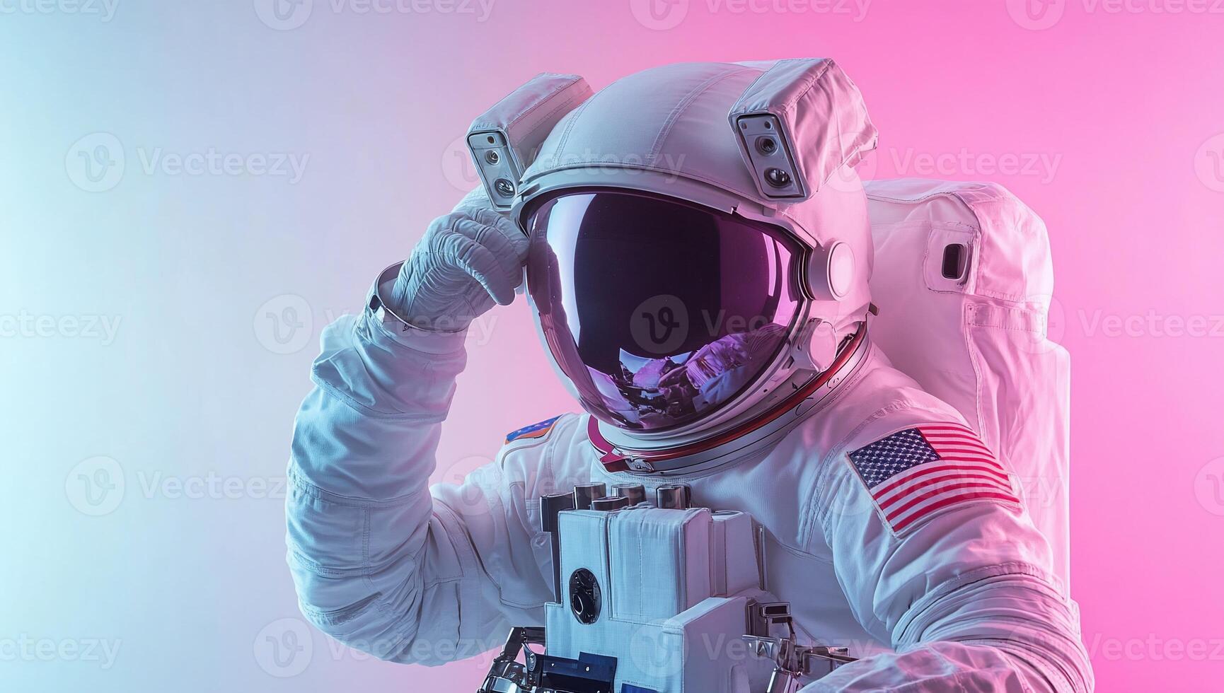 An astronaut in a space suit holding his hand to his head photo