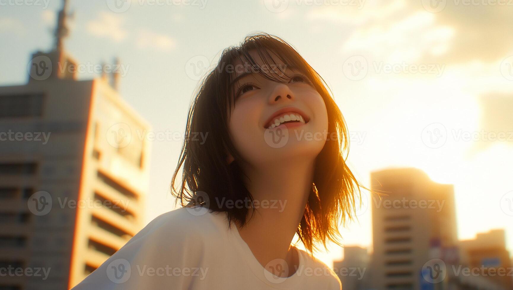 A woman smiles while looking up at the sun photo