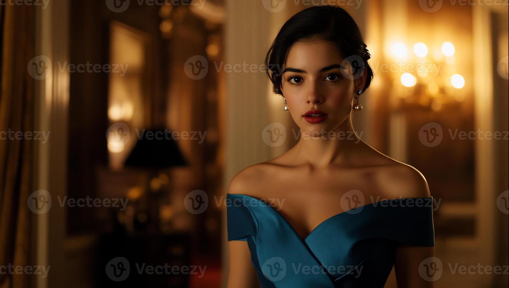 A woman in a blue dress standing in a room photo