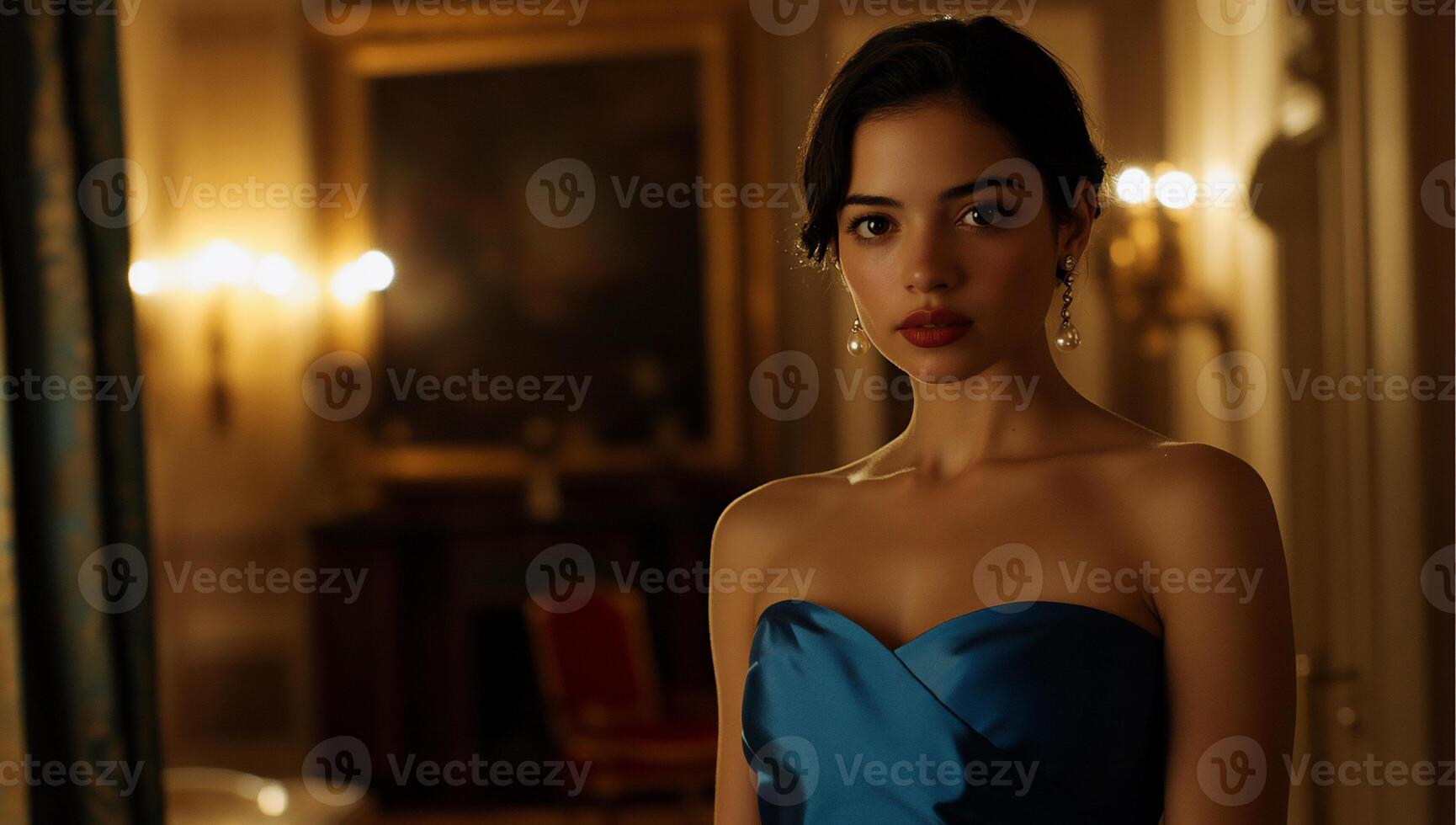 A woman in a blue dress standing in a room photo